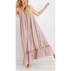 Aerie Pale Pink Crochet Trim Maxi Dress Size Small
